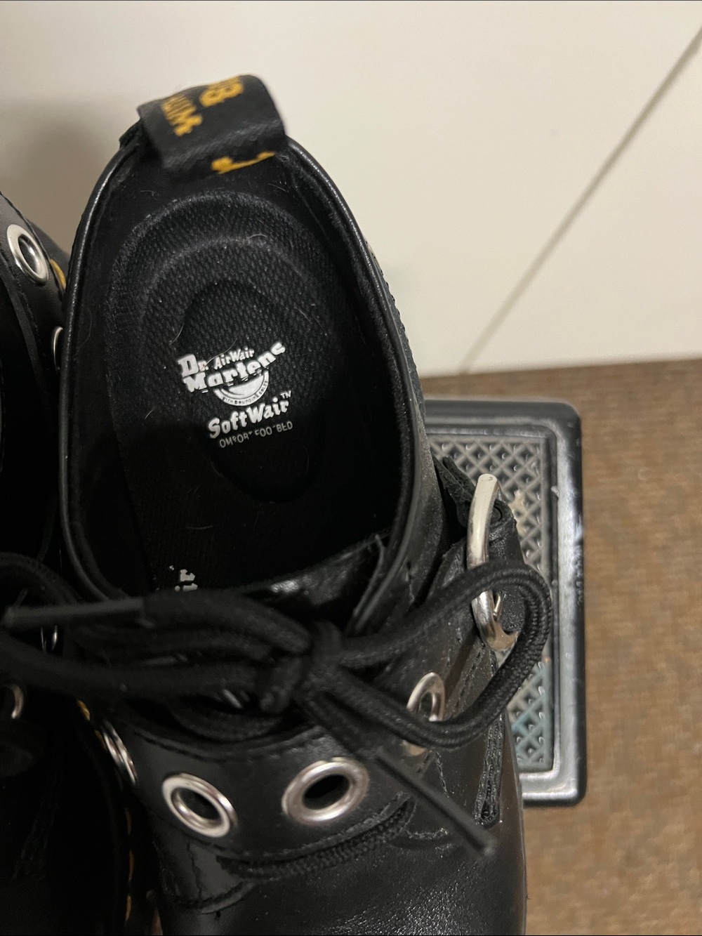 Dr. Martens Black Leather Lug-Sole Mary Jane Shoes with Yellow Stitching - Picture 6 of 7
